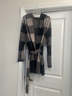 Women's Black and Taupe Plaid Belted Cardigan Sweater